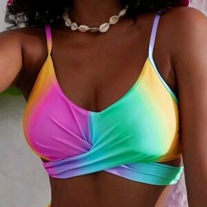 Swimsuit Bra Top Only Colorful Back Tie Adjustable Straps Stretchy Size L Neon